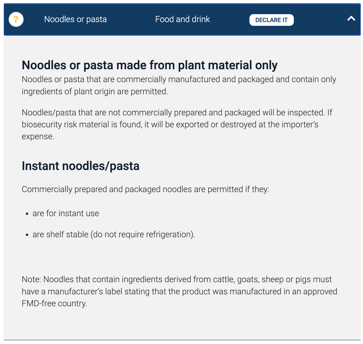 Australian Border Force 有關帶即食麵的指引